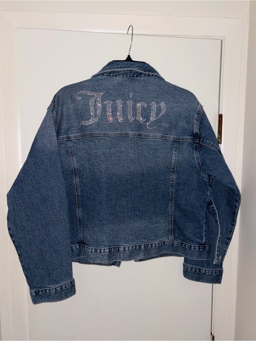 Juicy Couture Women’s Silver Rhinestone Bling Denim Jacket Pink Details | Size M